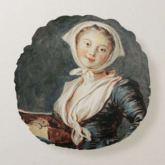 The Girl with the Marmot by Fragonard Round Pillow (Front)