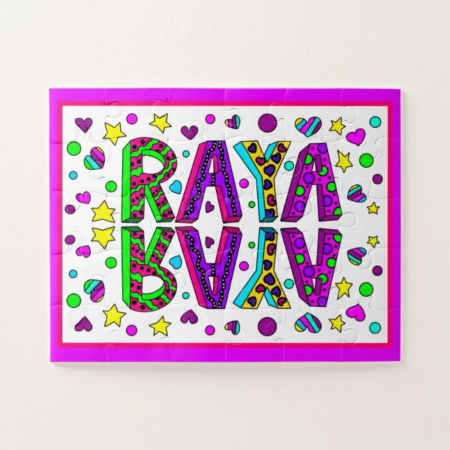 The Girl's Name Raya, Purple and Pink Stars Hearts Jigsaw Puzzle (Horizontal)