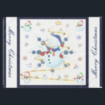 The Glittery Christmas Snowman - Tablecloth<br><div class="desc">This design features a white and blue snowflake, a golden tree, coloured snowflakes and lots of snowmen dressed for a cold Christmas season. A glitter was added to this design. A white backround was added along with a blue border. Merry christmas was added to this design. This table cover comes...</div>