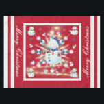 The Glittery Christmas Snowman - Tablecloth<br><div class="desc">This design features a white and blue snowflake, a golden tree, coloured snowflakes and lots of snowmen dressed for a cold Christmas season. A glitter was added to this design. A red backround was added along with a white border. Merry christmas was added to this design. This table cover comes...</div>