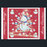 The Glittery Christmas Snowman - Tablecloth<br><div class="desc">This design features a white and blue snowflake, a golden tree, coloured snowflakes and lots of snowmen dressed for a cold Christmas season. A glitter was added to this design. A red backround was added along with a white border. Merry christmas was added to this design. This table cover comes...</div>