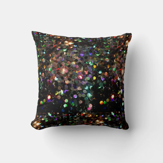 The Glitz Black Glitter Holo Rainbow Throw Pillow (Front)