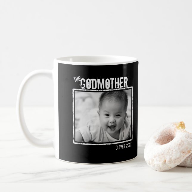 The GodMother | Personalized Photo and Name Black Coffee Mug (With Donut)