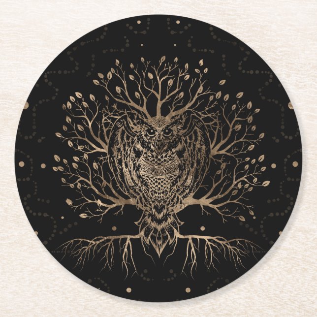 The Golden Owl Tree Round Paper Coaster (Front)