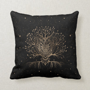 The Golden Owl Tree Throw Pillow