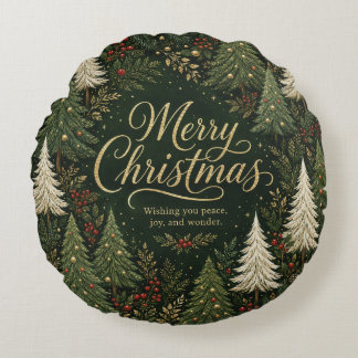 The Golden Yuletide Forest Round Pillow