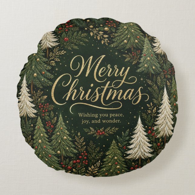The Golden Yuletide Forest Round Pillow (Front)