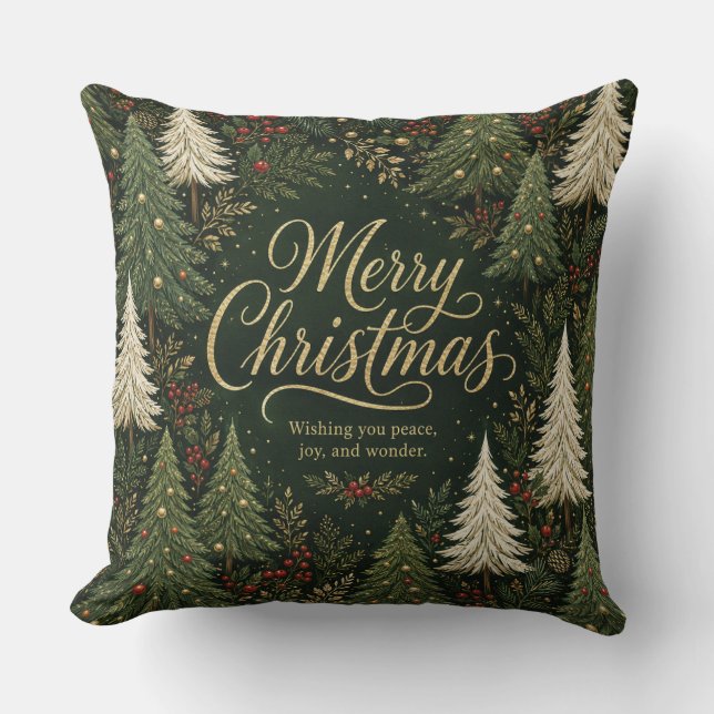 The Golden Yuletide Forest Throw Pillow (Front)