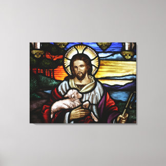 The Good Shepherd; Jesus on stained glass Canvas Print