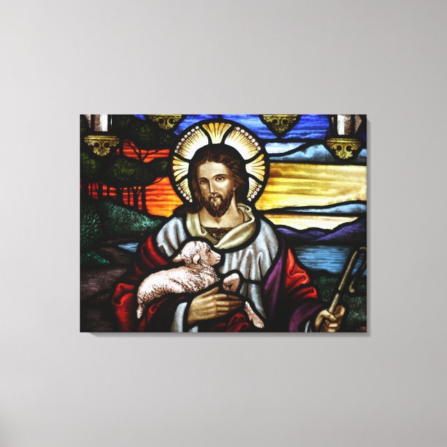 The Good Shepherd; Jesus on stained glass Canvas Print (Front)