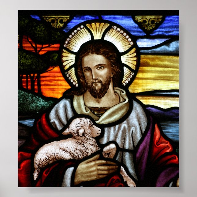 The Good Shepherd; Jesus on stained glass Poster (Front)