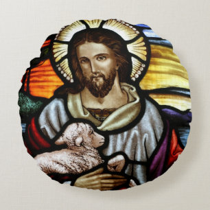 The Good Shepherd; Jesus on stained glass Round Pillow