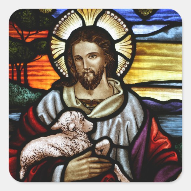 The Good Shepherd; Jesus on stained glass Square Sticker (Front)