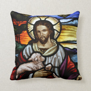 The Good Shepherd; Jesus on stained glass Throw Pillow
