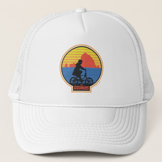 The Goonies Retro Mikey Riding Bike Graphic Trucker Hat (Front)