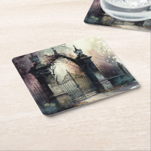 The Gothic Cemetery Gate Series Design 12 Square Paper Coaster