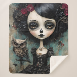 The Gothic Doll and Her Pet Owl Sherpa Blanket