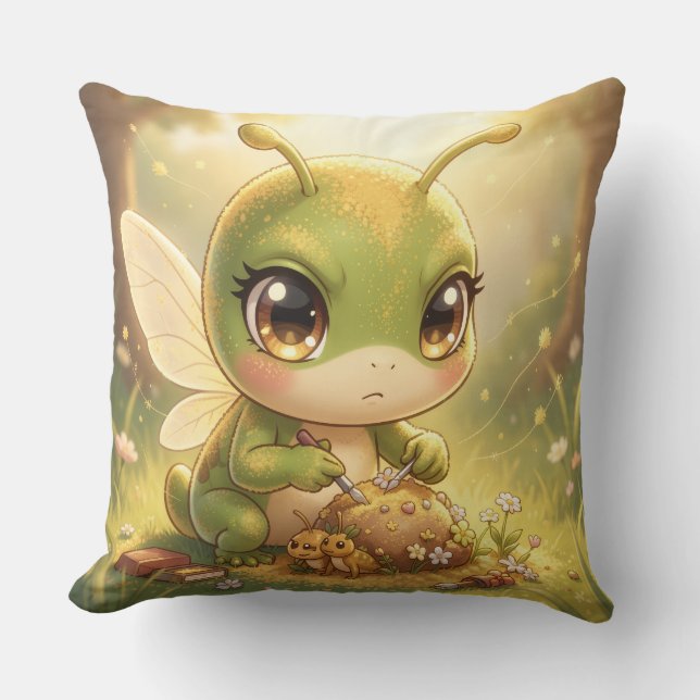 The Grasshopper and the Nectar Artwork.2 Throw Pillow (Front)