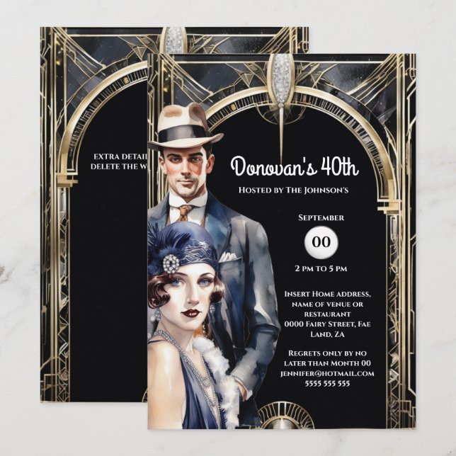 The Great Gatsby gold black flapper man 1920's Invitation (Front/Back)