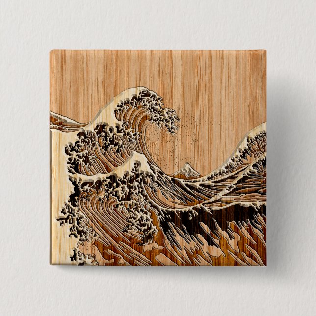 The Great Hokusai Wave Bamboo Wood Grain Style 2 Inch Square Button (Front)
