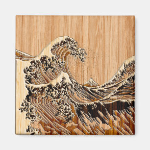 The Great Hokusai Wave Bamboo Wood Grain Style Magnet