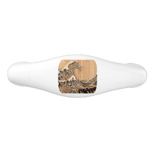 The Great Hokusai Wave Bamboo Wood Inlay Style Ceramic Drawer Pull