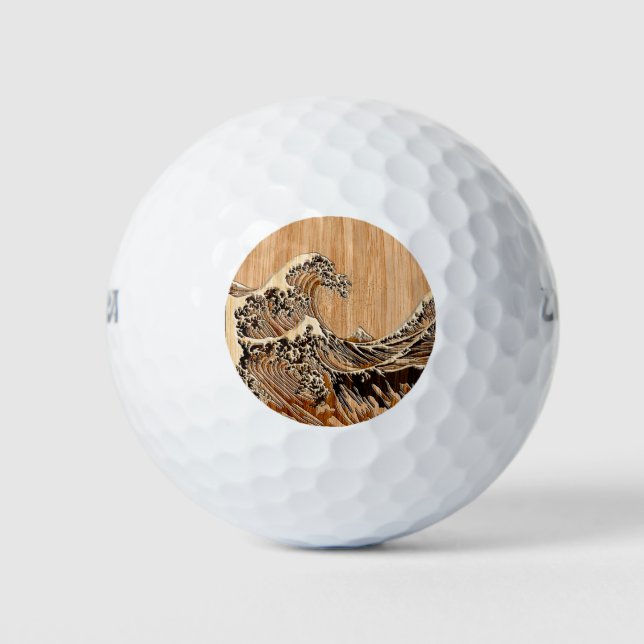 The Great Hokusai Wave Bamboo Wood Inlay Style Golf Balls (Front)