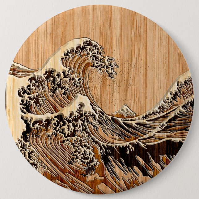 The Great Hokusai Wave Bamboo Wood Style 6 Inch Round Button (Front)