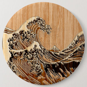 The Great Hokusai Wave Bamboo Wood Style 6 Inch Round Button