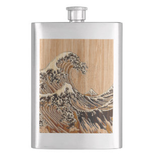 The Great Hokusai Wave Bamboo Wood Style Accent Hip Flask