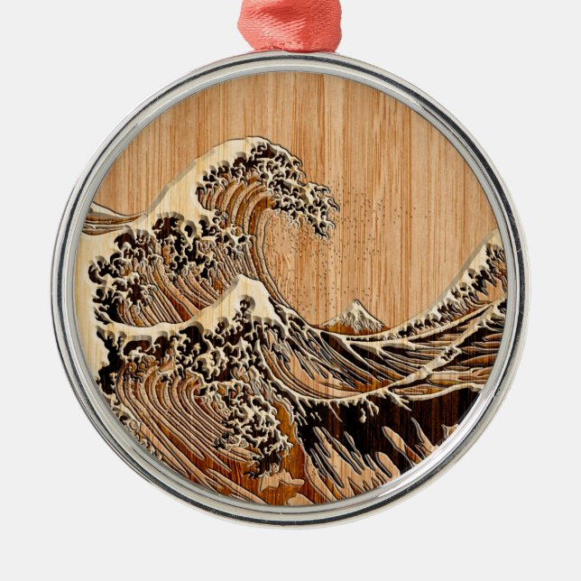 The Great Hokusai Wave Bamboo Wood Style Accent Metal Ornament (Front)