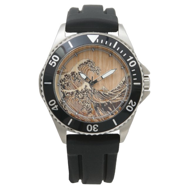 The Great Hokusai Wave Bamboo Wood Style Accent Watch (Front)