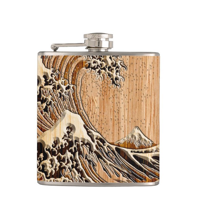 The Great Hokusai Wave Bamboo Wood Style decor Hip Flask (Front)