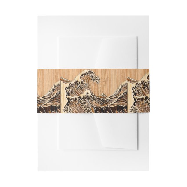 The Great Hokusai Wave Bamboo Wood Style Invitation Belly Band (Front Example)