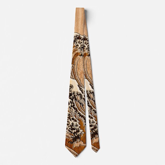 The Great Hokusai Wave Bamboo Wood Style Tie (Front)
