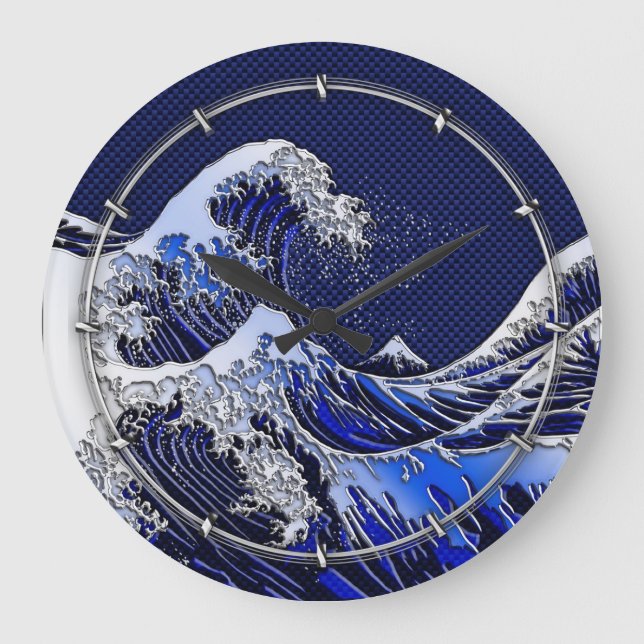 The Great Hokusai Wave Carbon Fiber Style Large Clock (Front)