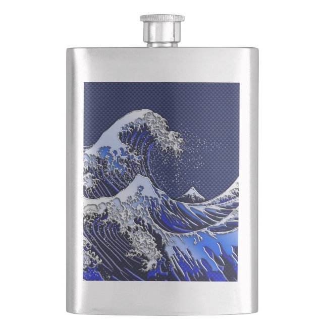 The Great Hokusai Wave Chrome Carbon Looks Hip Flask (Front)