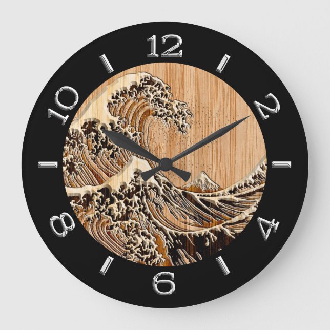 The Great Hokusai Wave in Bamboo Style Dial on a Large Clock (Front)