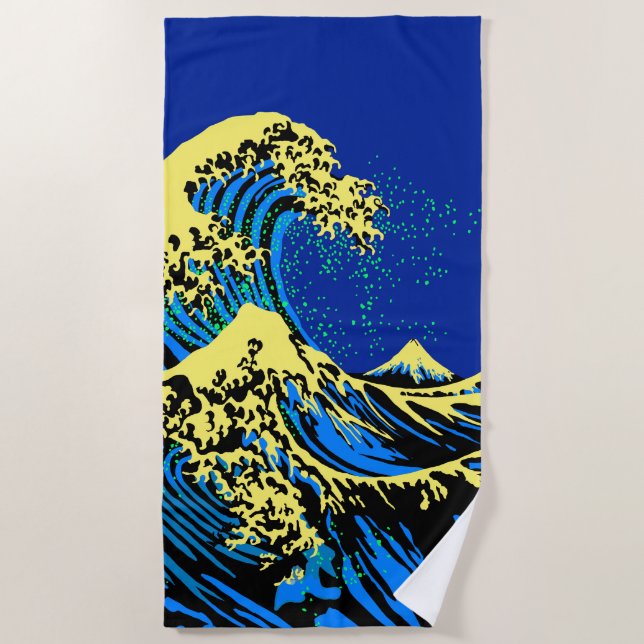 The Great Hokusai Wave in Blue Yellow Pop Style Beach Towel (Front)