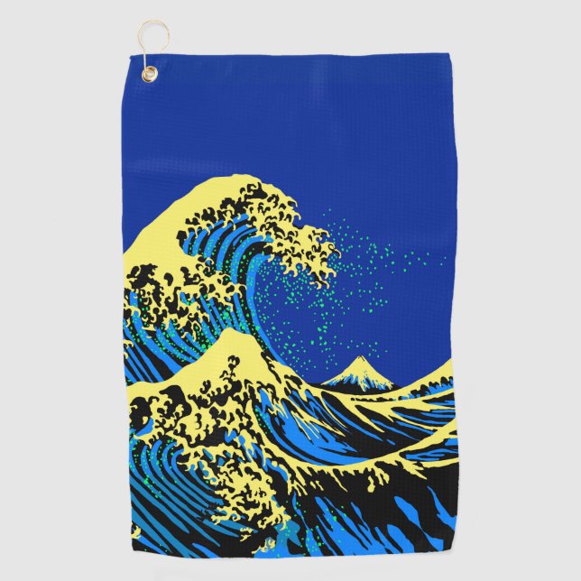 The Great Hokusai Wave in Blue Yellow Pop Style  Golf Towel (Front)