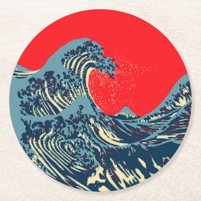 The Great Hokusai Wave in Colourful Style Round Paper Coaster (Front)