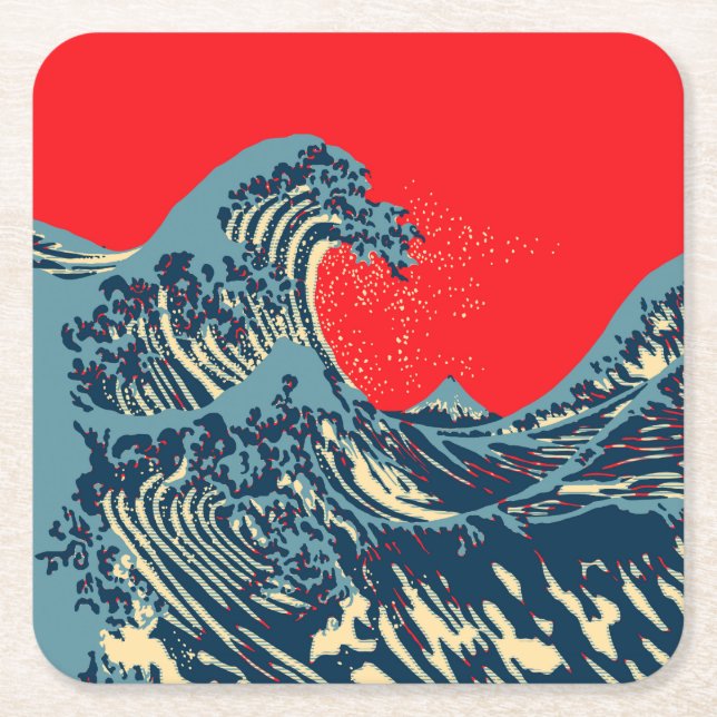 The Great Hokusai Wave in Colourful Style Square Paper Coaster (Front)