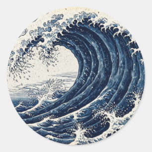 The Great Indigo Wave — Woodblock Style Classic Round Sticker