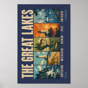 The Great Lakes Landmarks Illustration Vintage Poster