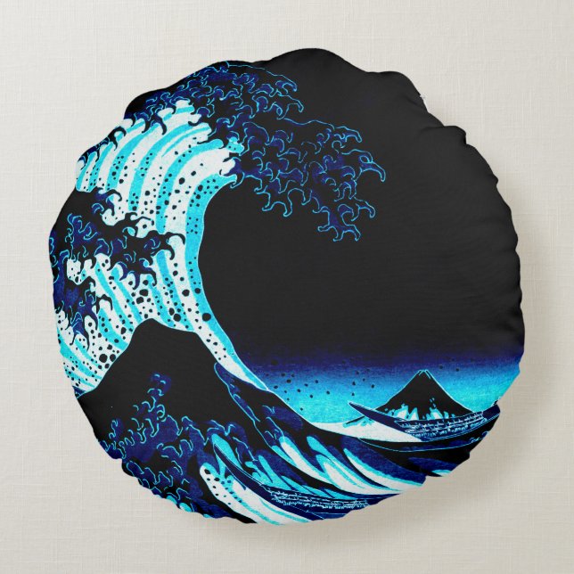 The Great Wave Deep Blue Round Pillow (Back)
