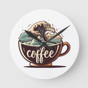 The Great Wave Of Coffee Round Clock