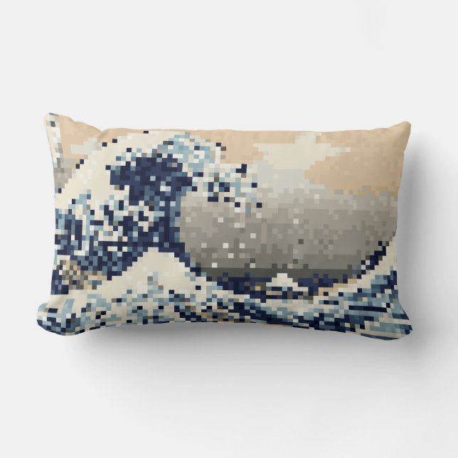 The Great Wave off Kanagawa 8 Bit Pixel Art Lumbar Pillow (Front)