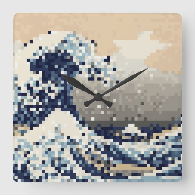 The Great Wave off Kanagawa 8 Bit Pixel Art Square Wall Clock (Front)