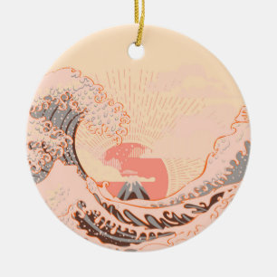 The great wave off kanagawa at sunrise ceramic ornament