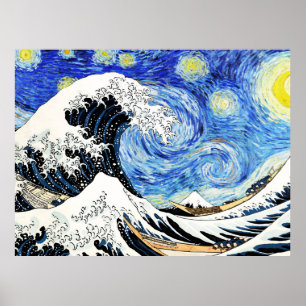 The Great Wave Off Kanagawa in Starry night Poster